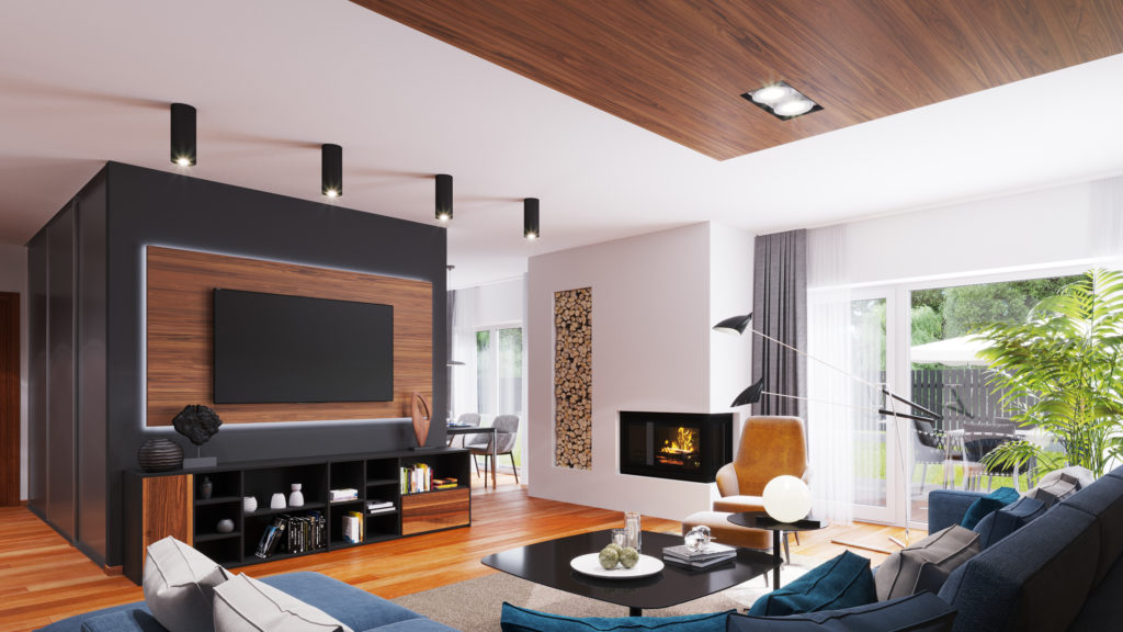 Interior design soggiorno open space in 3D